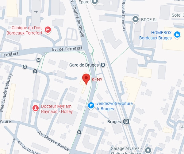 Carte Bruges: Emplacement KENY près Gare, Clinique du Dos Carte de Bruges: l'emplacement KENY près de la Gare, Av. de Terrefort, Clinique du Dos et HOMEBOX Bordeaux.