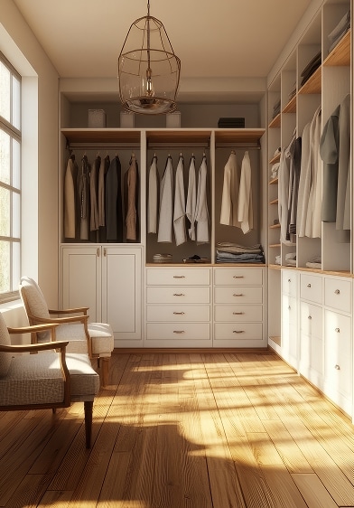 Grand dressing moderne avec penderies, tiroirs blancs, étagères, sol en bois clair, lumière naturelle et lustre design.