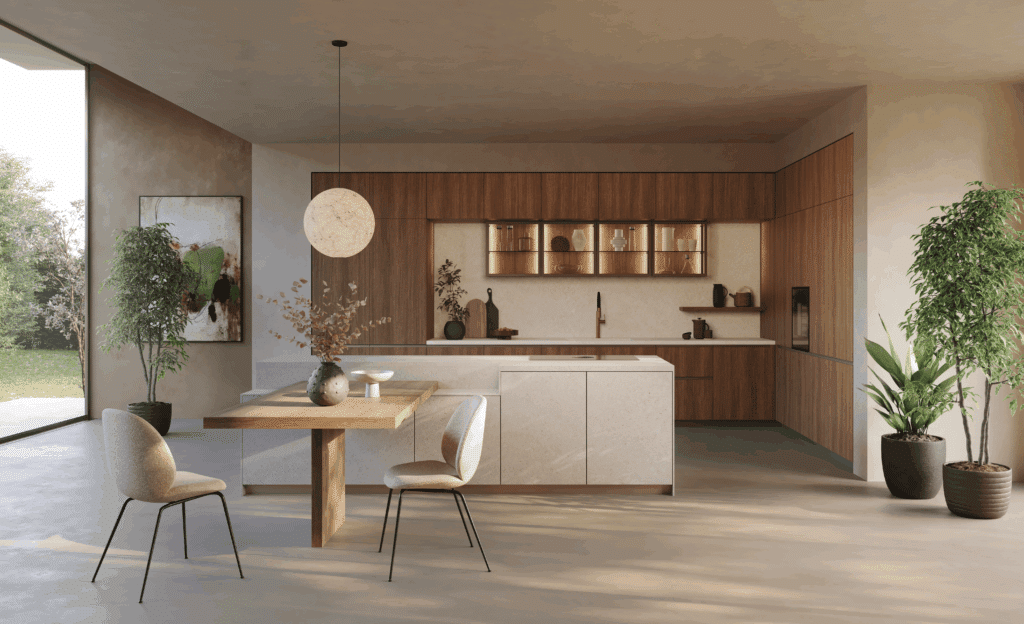 Cuisine Moderne en Bois et Pierre : Design Minimaliste Cuisine moderne épurée avec îlot en pierre, meubles en bois, chaises beiges et plantes d'intérieur lumineuses.