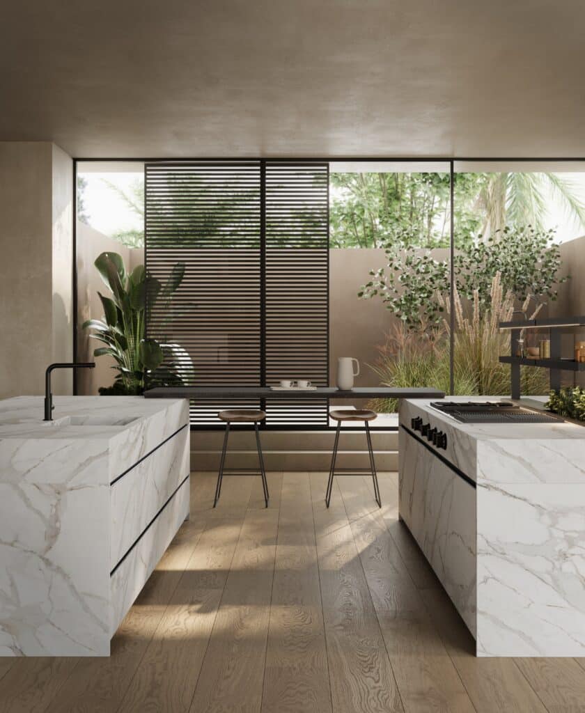 Cuisine Moderne Minimaliste avec Îlot en Marbre Blanc Cuisine moderne luxueuse avec îlots en marbre blanc, tabourets et vue sur un jardin tropical luxuriant.