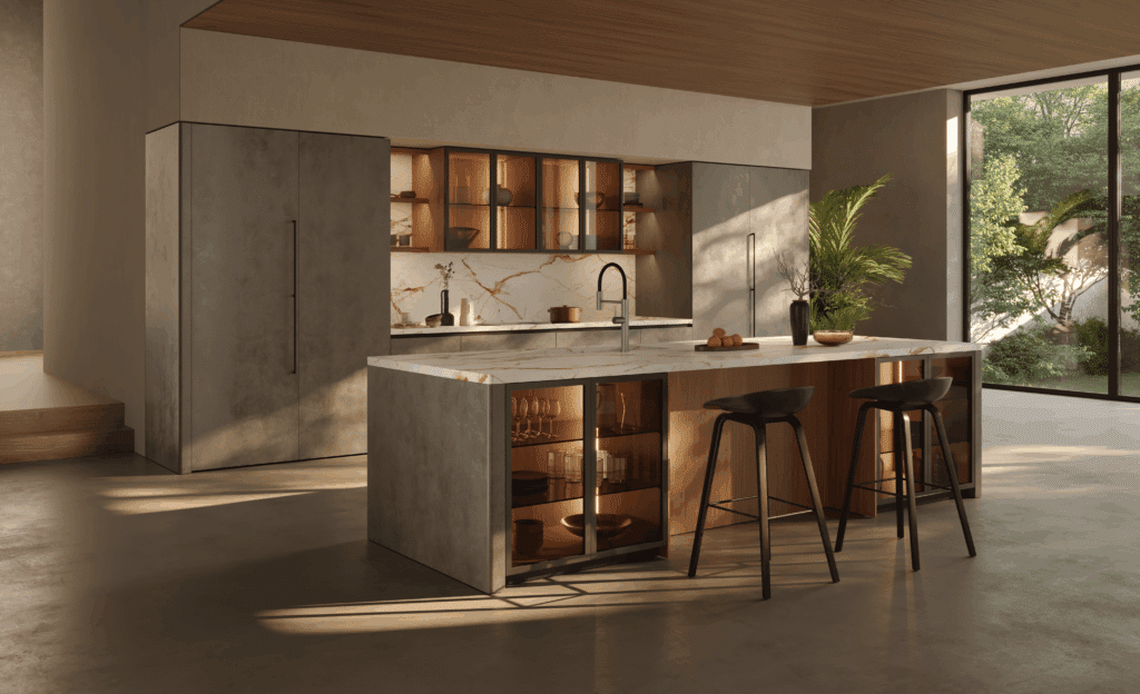 Cuisine Moderne Minimaliste : Design Luxe et Marbre Cuisine minimaliste avec îlot en marbre, meubles gris et bois, grande fenêtre sur jardin et éclairage naturel.