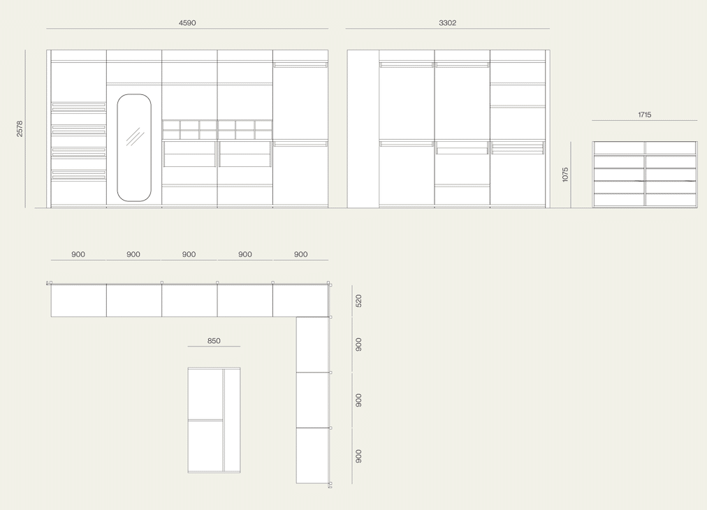 Plan de Dressing sur Mesure : Dimensions et Aménagement Plan technique d'un dressing sur mesure avec dimensions 4590x2578mm, modules de 900mm, étagères et penderies.